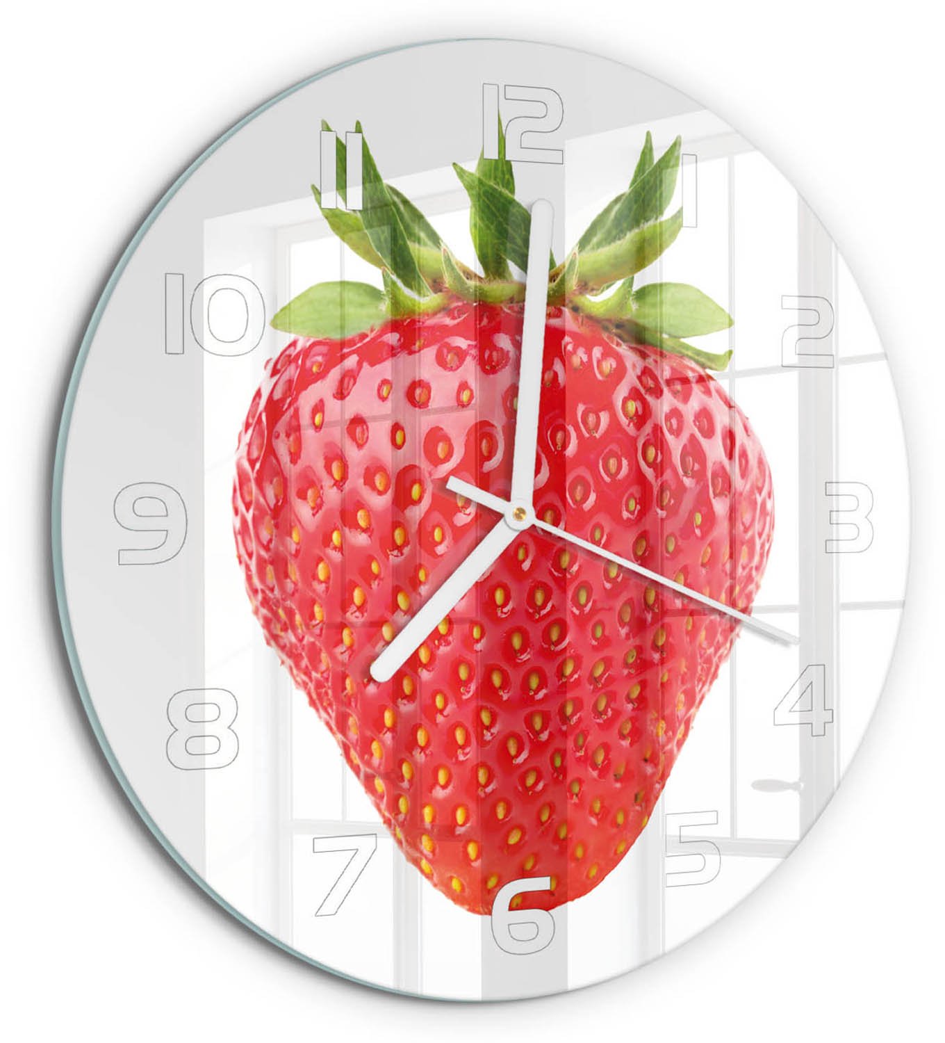 TULUP Wandklok - Aardbei Gekleurde Glazen Klok - fi30 cm - Rood Glazen Klok Met Print - Witte handen - Ronde Klok - Moderne Wandklok Glas - Wandklok Glas Decoratie