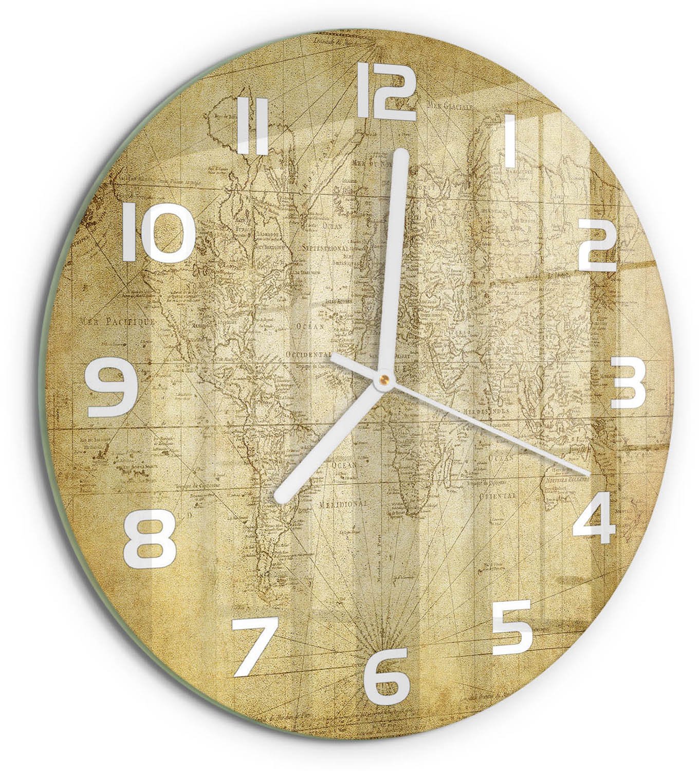 TULUP Wandklok - Oude wereldkaart Wandklok Glas Decoratie - fi30 cm - Beige Gekleurde Glazen Klok - Witte handen - Ronde Klok - Klok Glas Met Opdruk - Moderne Wandklok Glas
