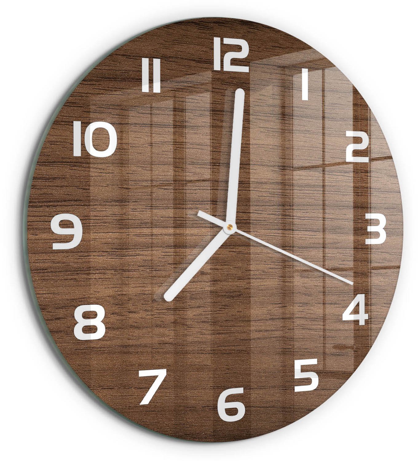 TULUP Wandklok - Houten achtergrond Gekleurde Glazen Klok - fi30 cm - Bruin Glazen Klok Met Print - Witte handen - Ronde Klok - Moderne Wandklok Glas - Wandklok Glas Decoratie