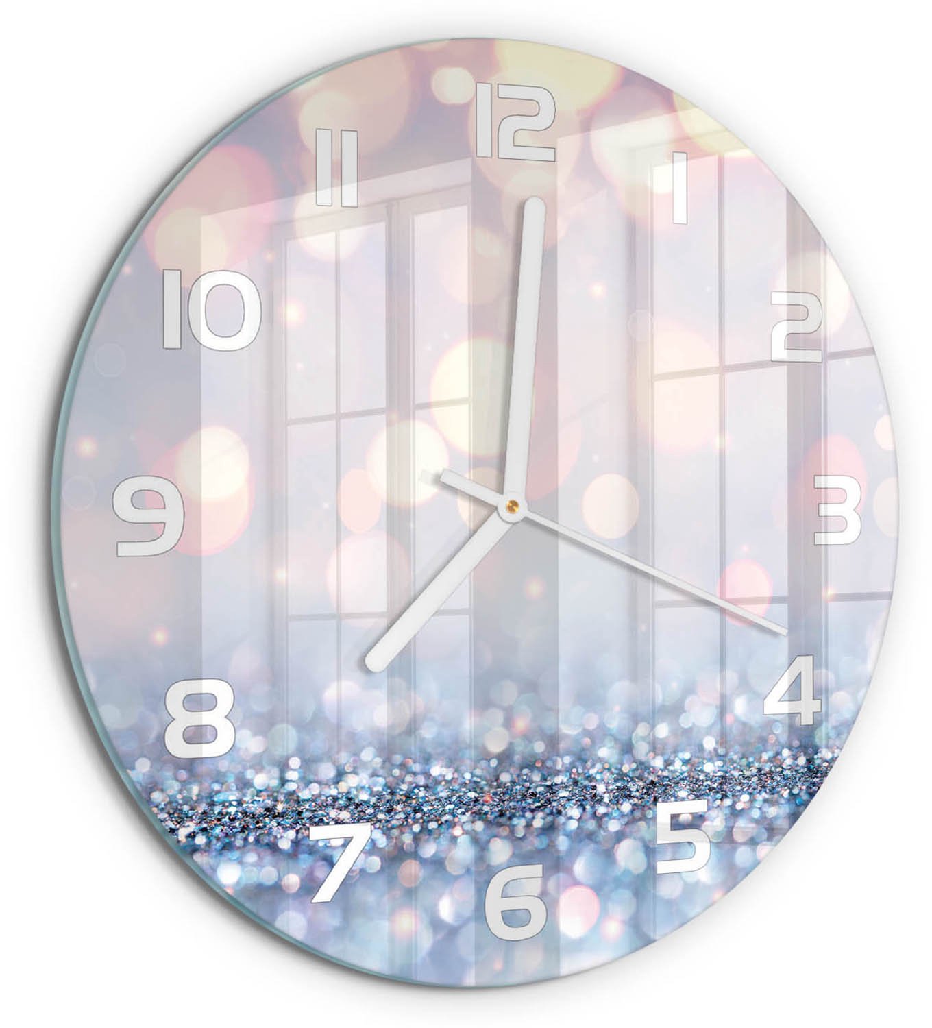 TULUP Wandklok - Glanzende achtergrond Moderne Wandklok Glas - fi30 cm - Zilver Wandklok Glas Decoratie - Witte handen - Ronde Klok - Glazen Wandklok Design - Klok Glas Met Opdruk
