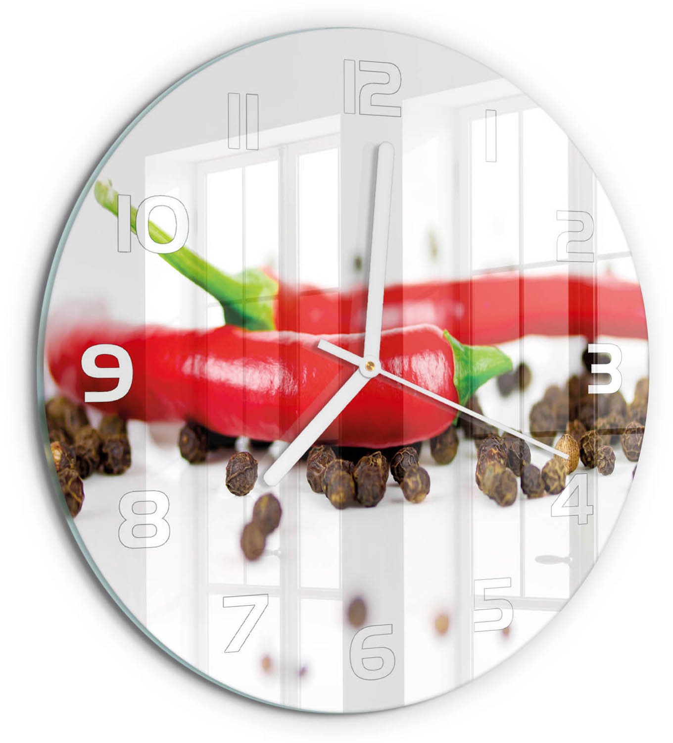 TULUP Wandklok - Chili en peper Glazen Klok Met Print - fi30 cm - Rood Wandklok Glas Met Motief - Witte handen - Ronde Klok - Wandklok Glas Decoratie - Gekleurde Glazen Klok