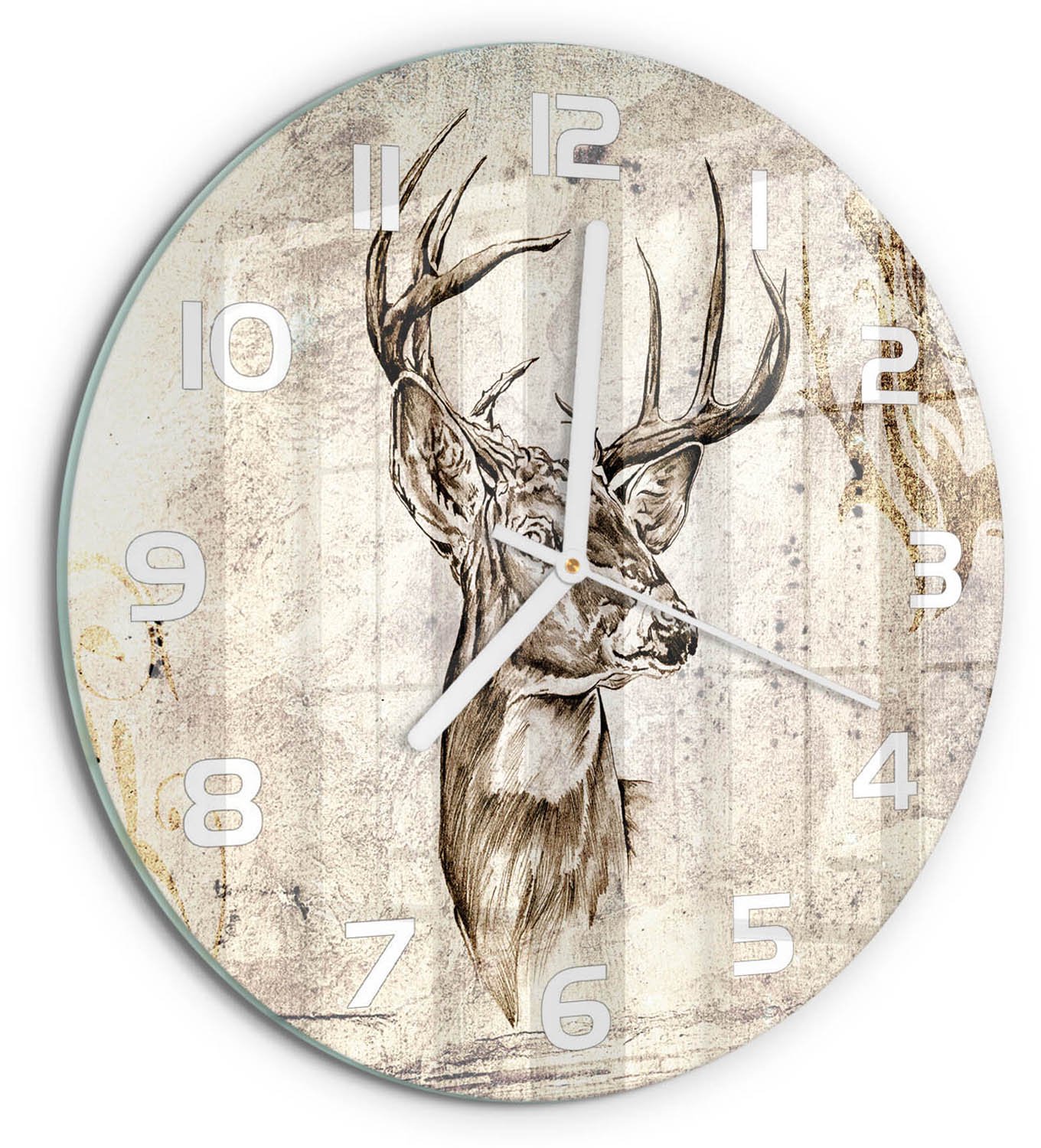 TULUP Wandklok - Hert Wandklok Glas Decoratie - fi30 cm - Beige Gekleurde Glazen Klok - Witte handen - Ronde Klok - Klok Glas Met Opdruk - Moderne Wandklok Glas