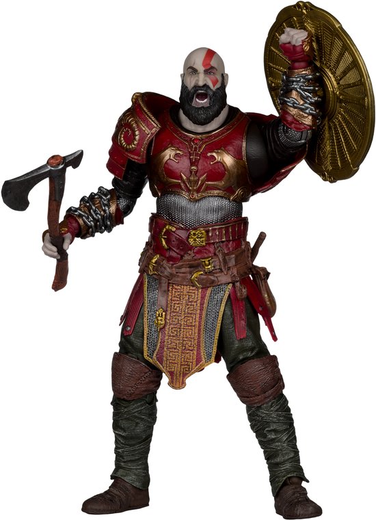 Kratos speelfiguur in rood-gouden pantser, met bijl en schild. Zwart haar, baard, rode markeringen op gezicht.