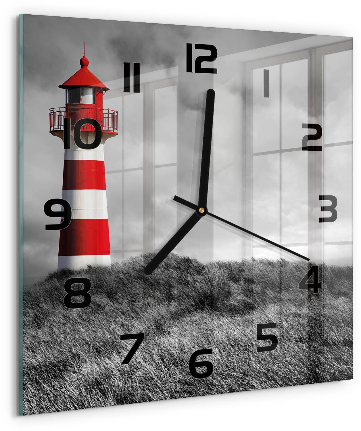 TULUP Wandklok - Vuurtoren Wandklok Glas Met Motief - 30x30 cm - Rood Decoratieve Glazen Klok - Zwarte handen - Vierkante Klok - Gekleurde Glazen Klok - Glazen Klok Met Print