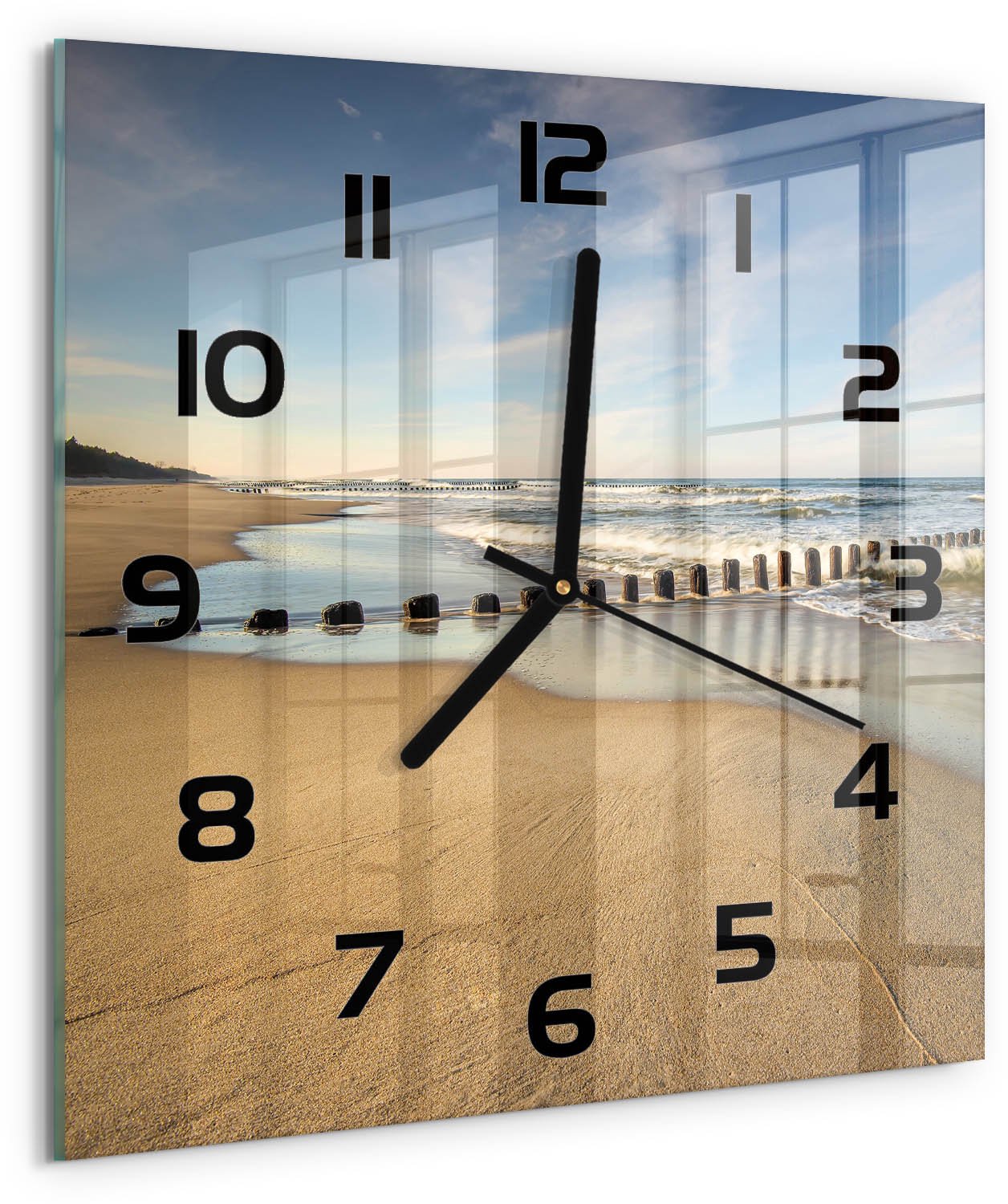 Tulup Wandklok - Strand aan de Oostzee Klok Glas Met Opdruk - 30x30 cm - Blauw Moderne Wandklok Glas - Zwarte handen - Vierkante Klok - Decoratieve Glazen Klok - Glazen Wandklok Design