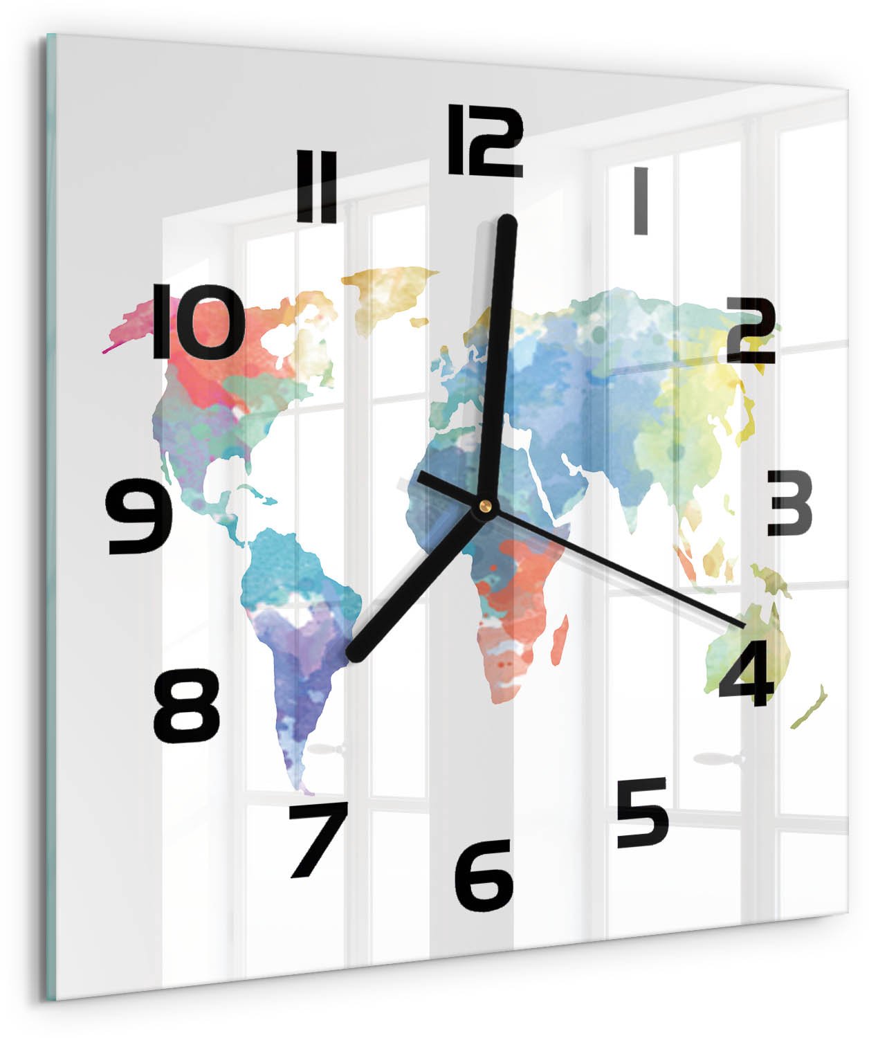 TULUP Wandklok - Wereldkaart Wandklok Glas Met Motief - 30x30 cm - Veelkleurig Decoratieve Glazen Klok - Zwarte handen - Vierkante Klok - Gekleurde Glazen Klok - Glazen Klok Met Print