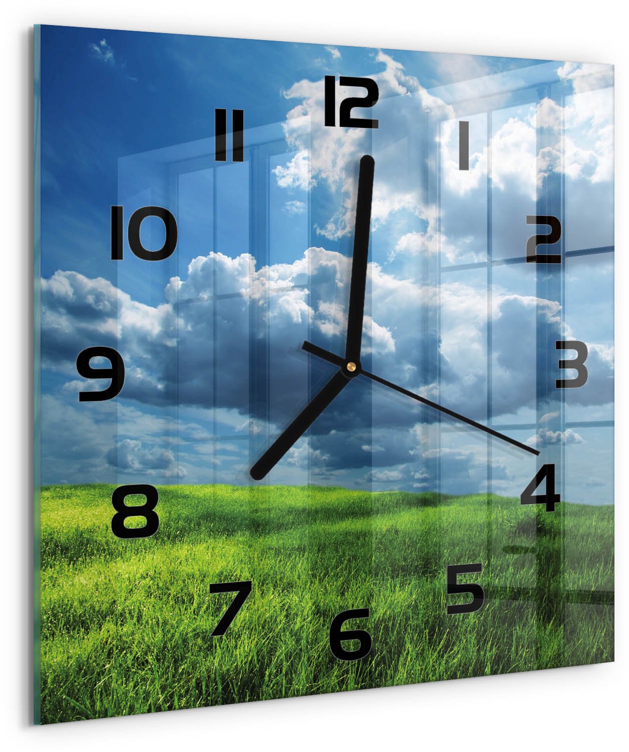 Tulup Wandklok - Wolken boven het veld Decoratieve Glazen Klok - 30x30 cm - Groente Glazen Wandklok Design - Zwarte handen - Vierkante Klok - Glazen Klok Met Print - Wandklok Glas Met Motief