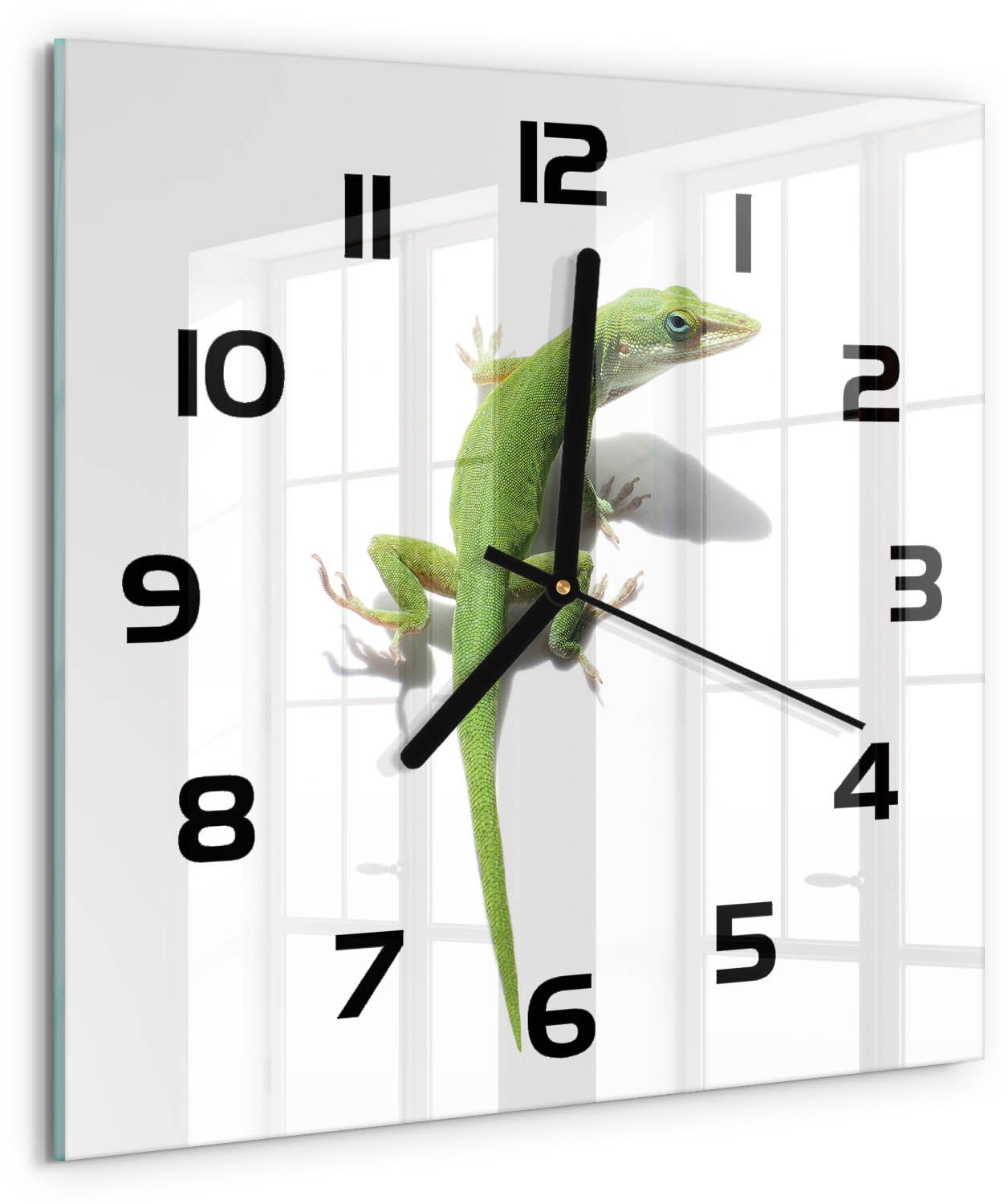 TULUP Wandklok - Groene hagedis Glazen Wandklok Design - 30x30 cm - Groente Klok Glas Met Opdruk - Zwarte handen - Vierkante Klok - Wandklok Glas Met Motief - Decoratieve Glazen Klok