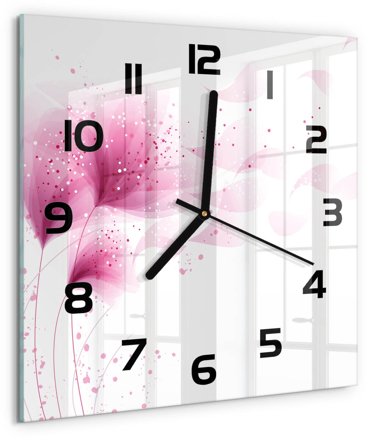 TULUP Wandklok - Roze bloem Glazen Wandklok Design - 30x30 cm - Roze Klok Glas Met Opdruk - Zwarte handen - Vierkante Klok - Wandklok Glas Met Motief - Decoratieve Glazen Klok