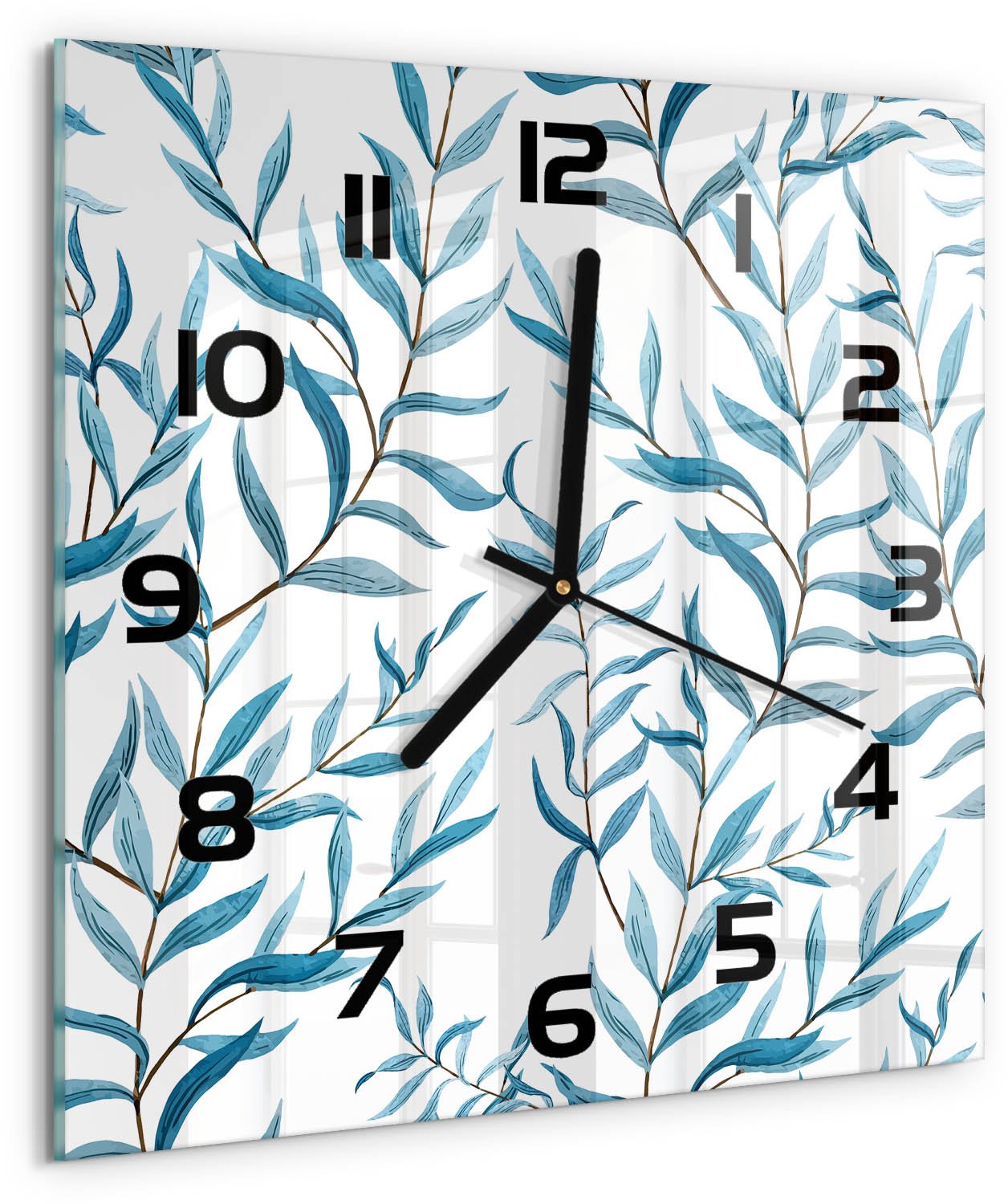 TULUP Wandklok - Bladeren Wandklok Glas Decoratie - 30x30 cm - Blauw Gekleurde Glazen Klok - Zwarte handen - Vierkante Klok - Klok Glas Met Opdruk - Moderne Wandklok Glas