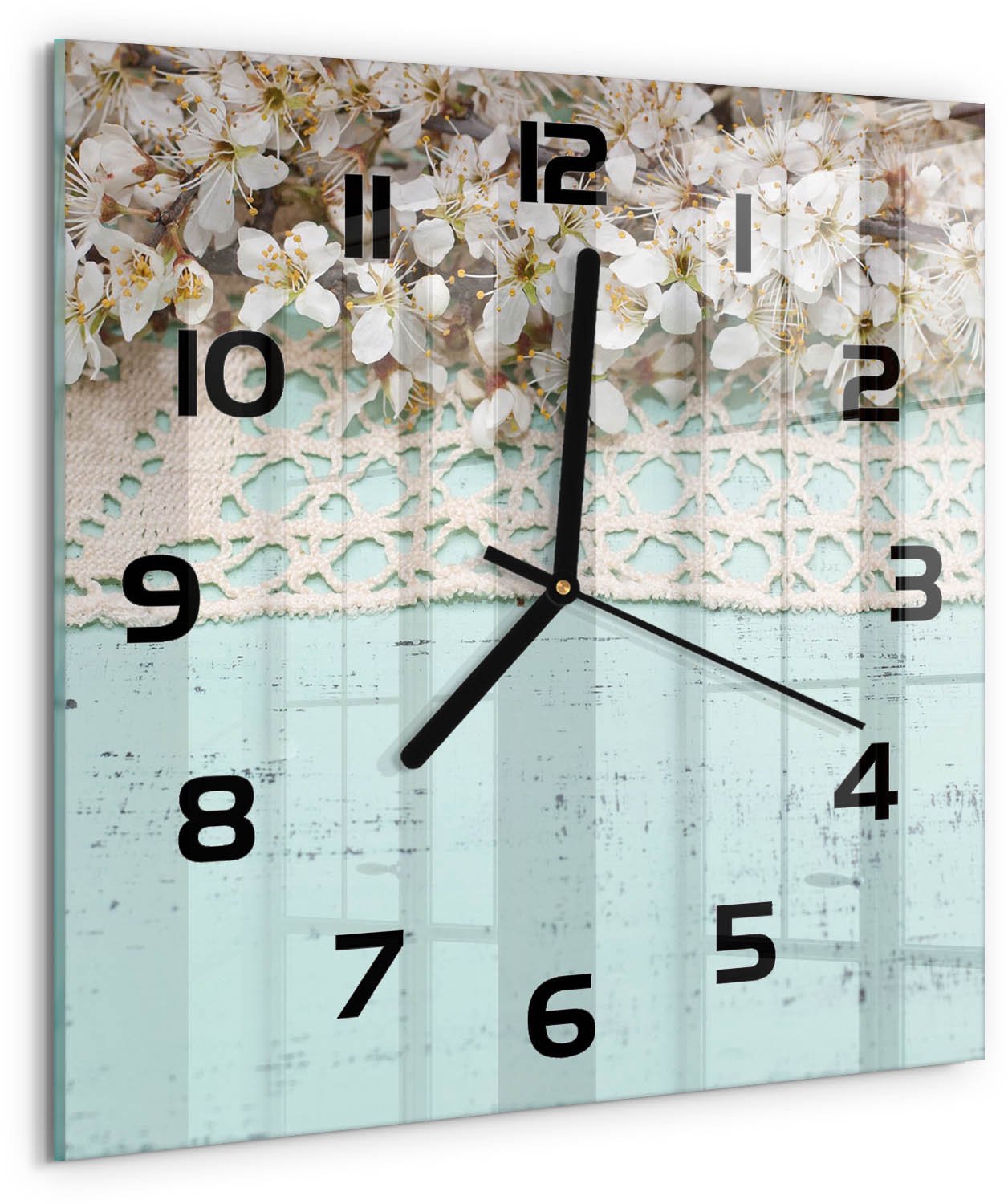 TULUP Wandklok - Kersenbloesem Gekleurde Glazen Klok - 30x30 cm - Beige Glazen Klok Met Print - Zwarte handen - Vierkante Klok - Moderne Wandklok Glas - Wandklok Glas Decoratie