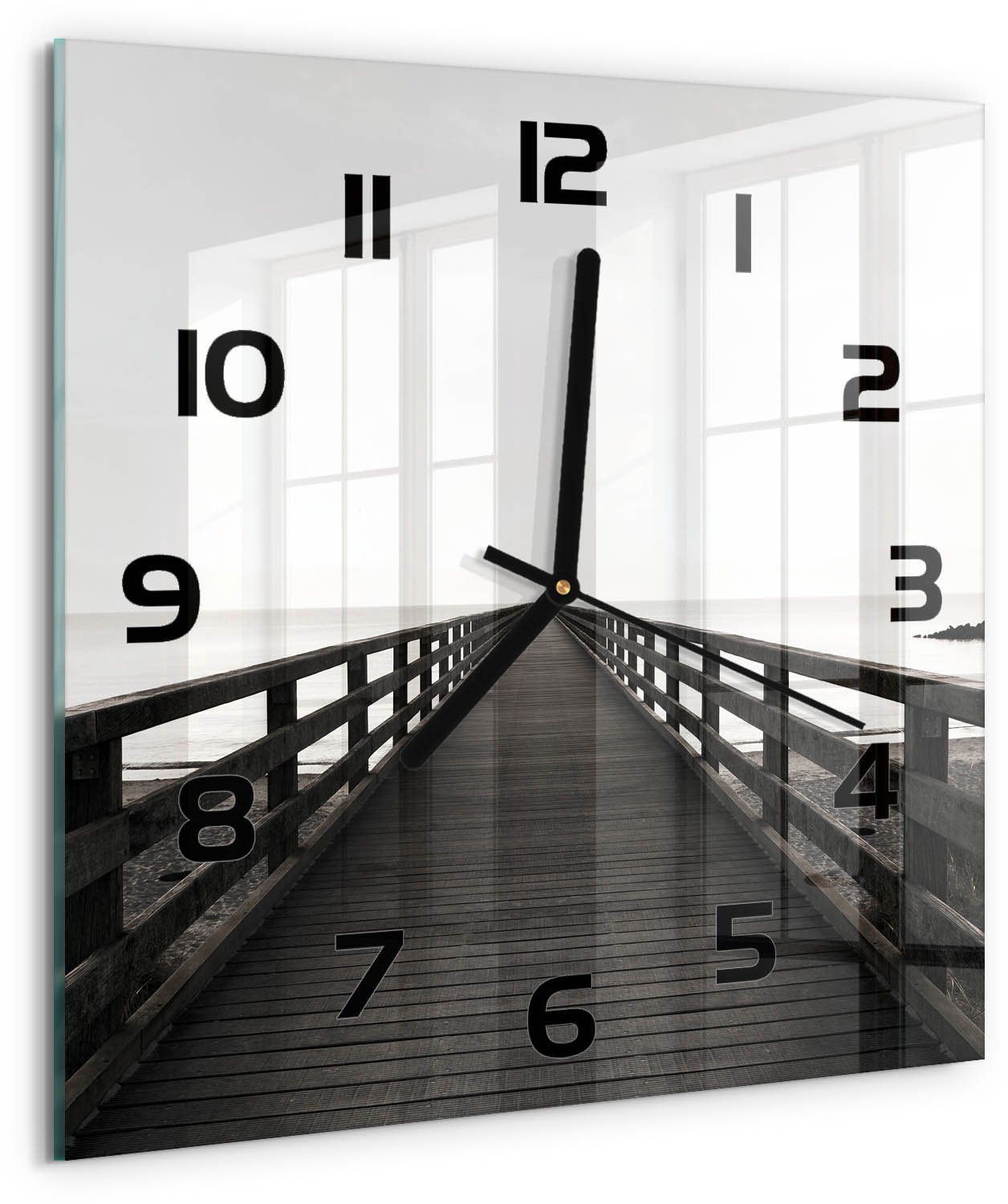 Tulup Wandklok - Houten brug Decoratieve Glazen Klok - 30x30 cm - Zwart-wit Glazen Wandklok Design - Zwarte handen - Vierkante Klok - Glazen Klok Met Print - Wandklok Glas Met Motief