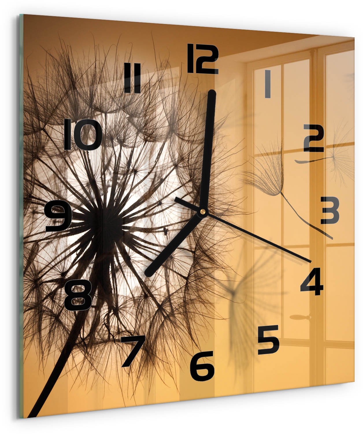 TULUP Wandklok - Paardebloem Glazen Klok Met Print - 30x30 cm - Oranje Wandklok Glas Met Motief - Zwarte handen - Vierkante Klok - Wandklok Glas Decoratie - Gekleurde Glazen Klok