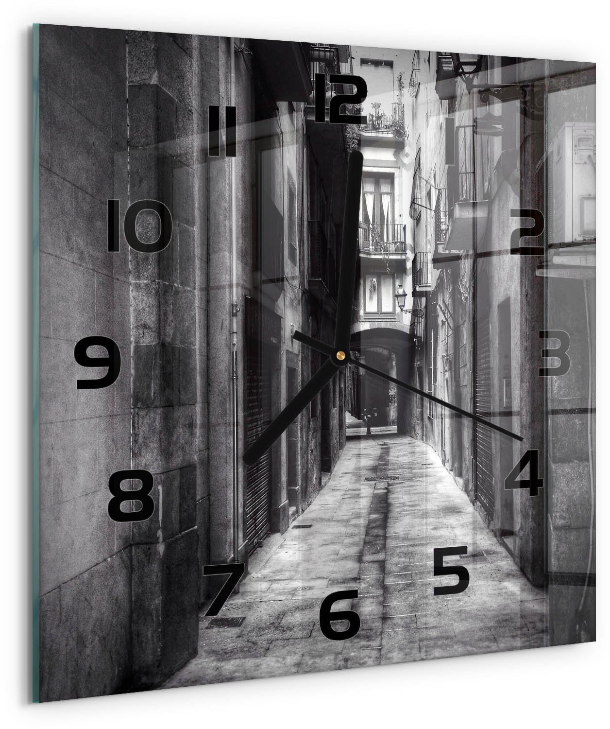Tulup Wandklok - Barcelona, ​​Spanje Wandklok Glas Met Motief - 30x30 cm - Zwart-wit Decoratieve Glazen Klok - Zwarte handen - Vierkante Klok - Gekleurde Glazen Klok - Glazen Klok Met Print