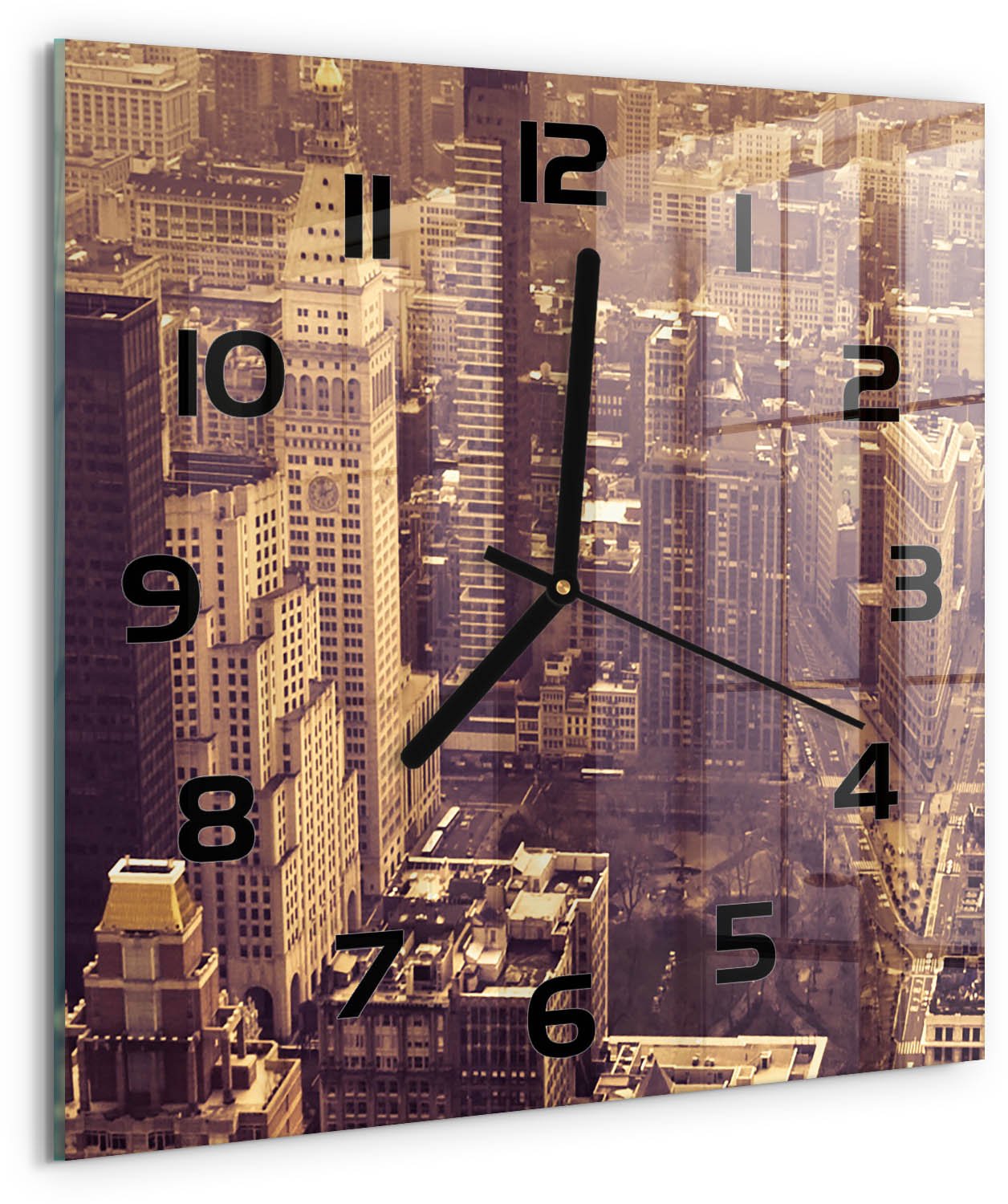 TULUP Wandklok - Manhattan, New York Wandklok Glas Decoratie - 30x30 cm - Geel Gekleurde Glazen Klok - Zwarte handen - Vierkante Klok - Klok Glas Met Opdruk - Moderne Wandklok Glas