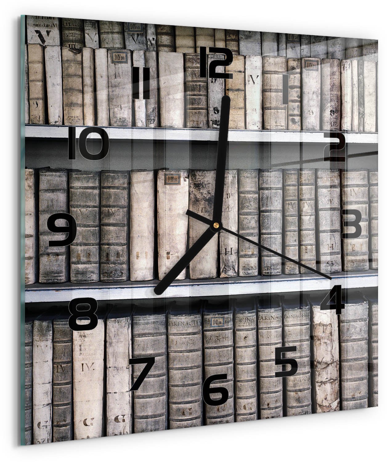 TULUP Wandklok - Boekenplank Moderne Wandklok Glas - 30x30 cm - Beige Wandklok Glas Decoratie - Zwarte handen - Vierkante Klok - Glazen Wandklok Design - Klok Glas Met Opdruk