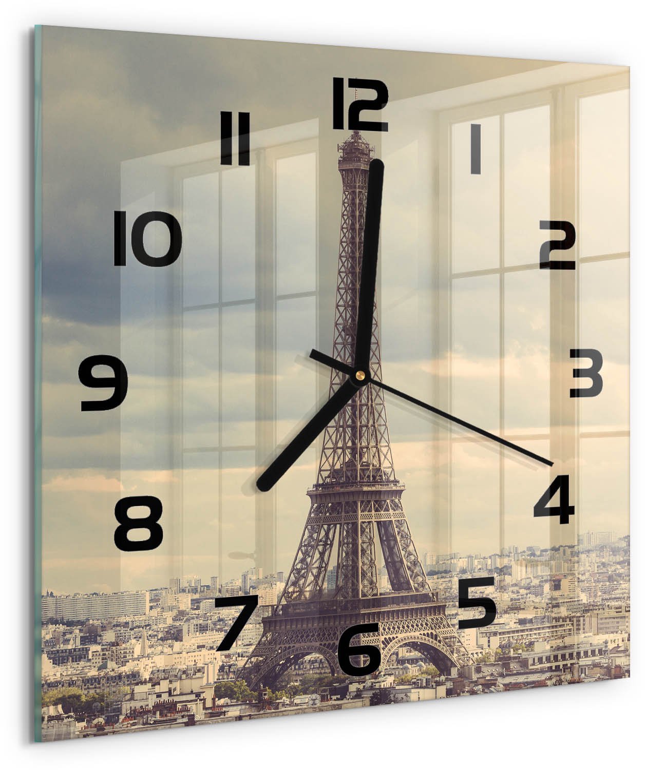Tulup Wandklok - Eiffeltoren Parijs Klok Glas Met Opdruk - 30x30 cm - Beige Moderne Wandklok Glas - Zwarte handen - Vierkante Klok - Decoratieve Glazen Klok - Glazen Wandklok Design