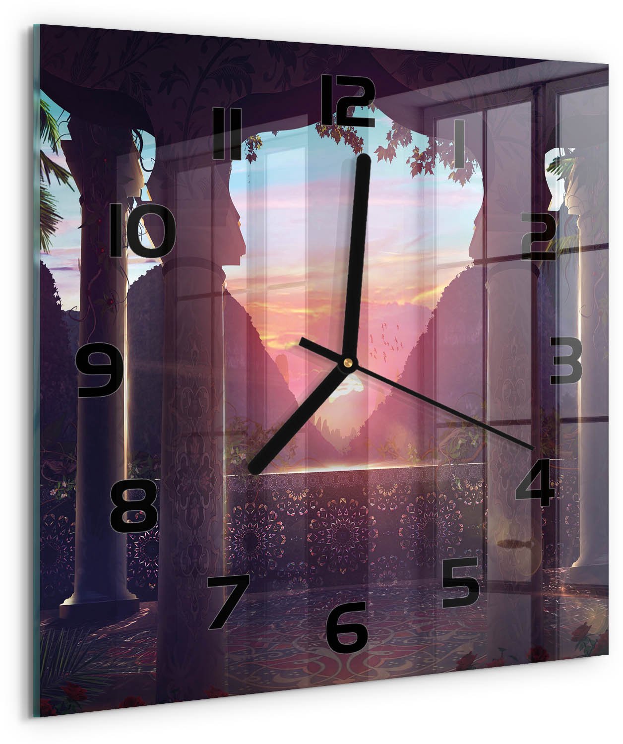 TULUP Wandklok - Oosterse architectuur Wandklok Glas Decoratie - 30x30 cm - Veelkleurig Gekleurde Glazen Klok - Zwarte handen - Vierkante Klok - Klok Glas Met Opdruk - Moderne Wandklok Glas