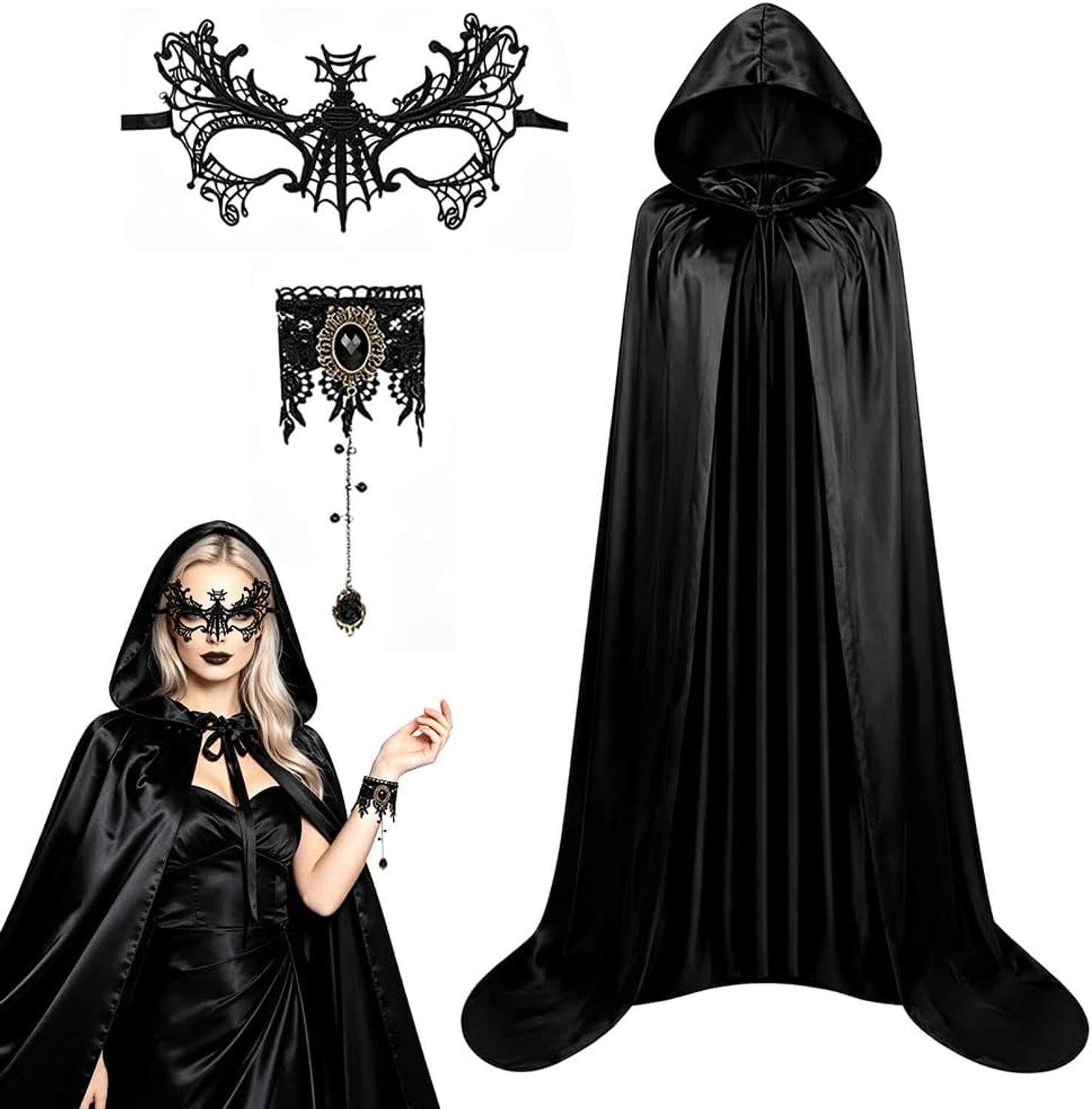 Zwarte mantel met masker en vingerketting, vampiermantel met capuchon, zwarte mantel voor volwassenen voor Halloween, carnaval en maskeradefeesten