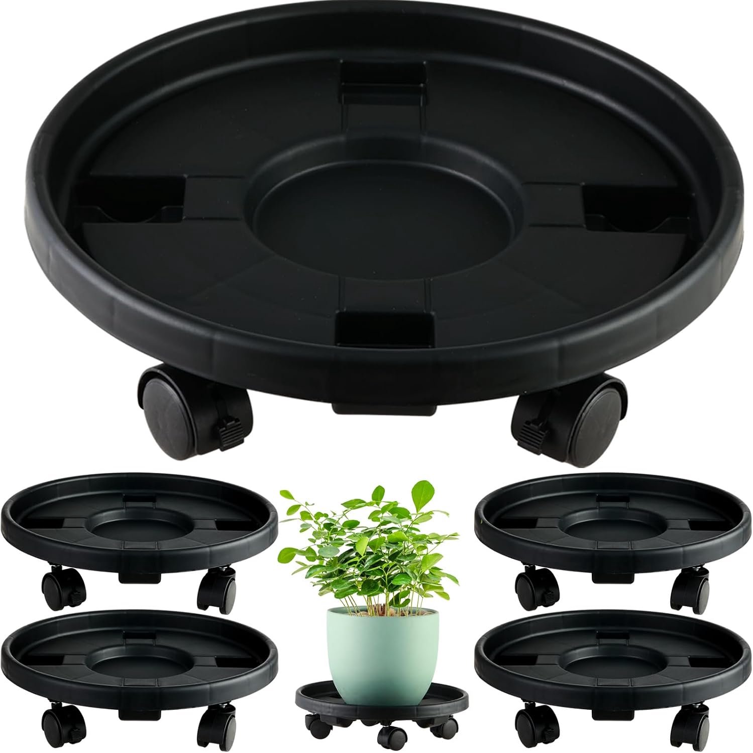 5 Pakcs Grote Plant Caddy met wielen 15,8 inch Rolling Plant Stands Heavy-duty Plastic Plant Roller Base Pot Movers Plant Schotel op Wielen Indoor Outdoor Plant Dolly met Caster Tray Coaster Zwart