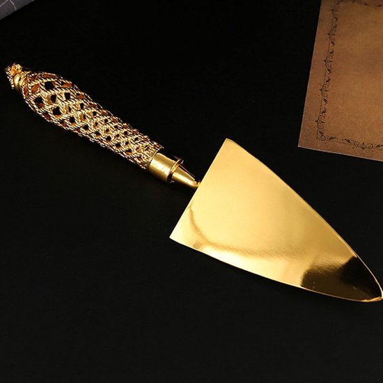 Vintage Gouden Taartmes en Serveerset Elegante Gegraveerde Bruidstaartsnijder Serveerspatel Gebruiksvoorwerpen voor Verjaardag Jubileumfeest Zinklegering 11,6 Inch — afbeelding 3