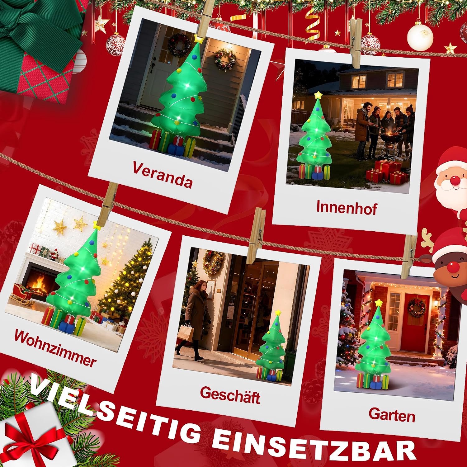 Froadp Opblaasbare kerstboom en geschenken, 1,5 m, kerstdecoratie met ledverlichting, kerstdecoratie met grondpennen, touwen en transparante tas voor tuin, patio, gazon, binnen en buiten