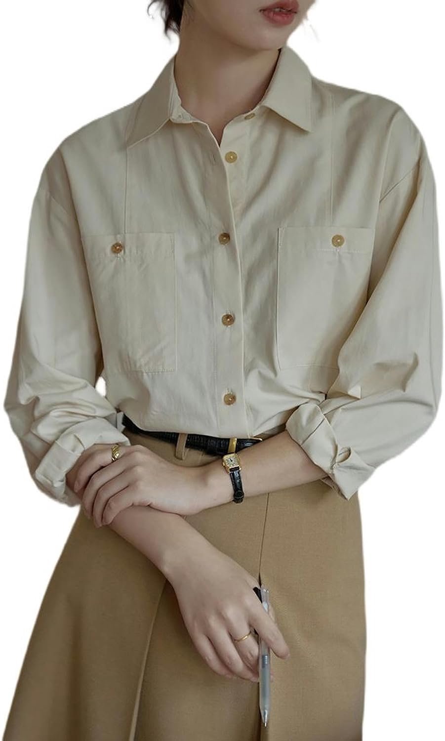 Modieus overhemd met grote zakken, losse top met lange mouwen met revers nieuwe damesstijl-Beige-S
