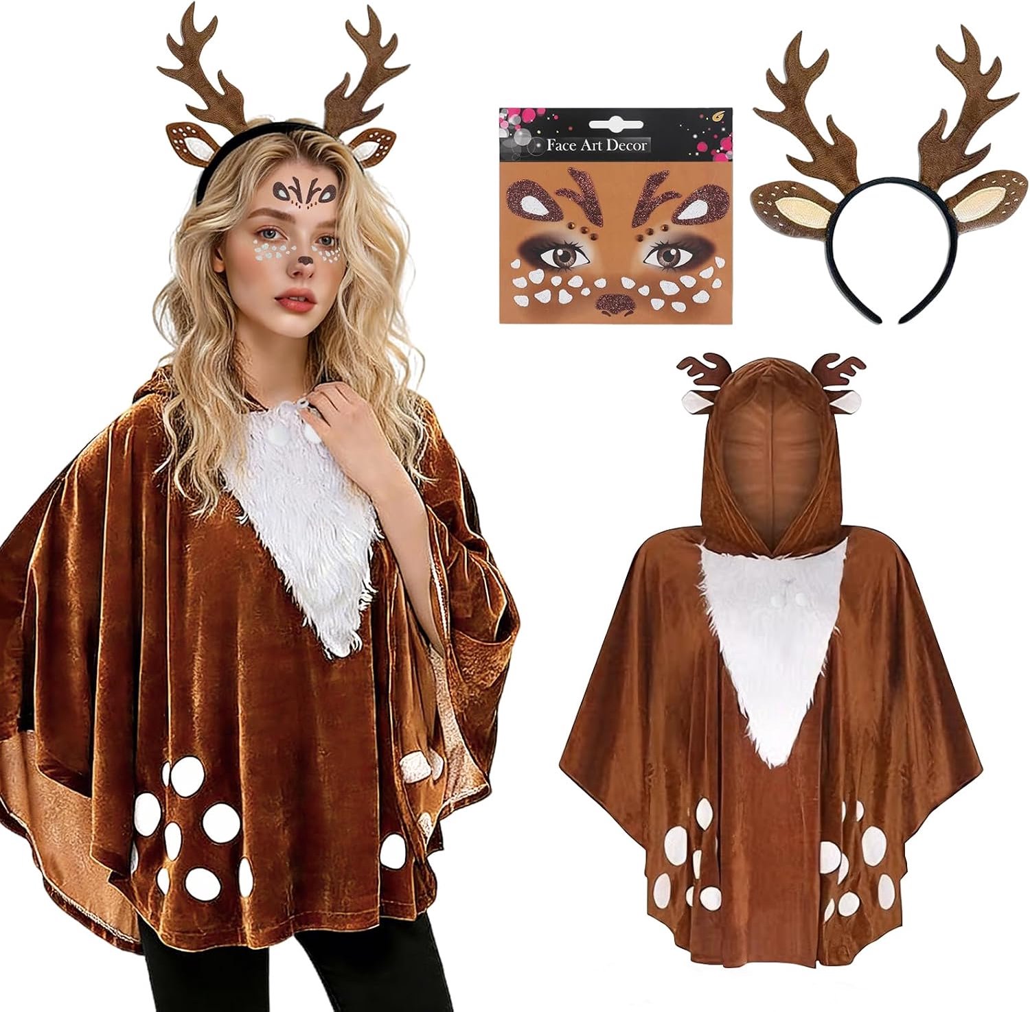Hertenkostuum voor dames, carnavalskostuum, rendier, volwassenen, set, ree-bambi-poncho met capuchon, cape, gewei, haarband, gezichtstattoo, vrouwenkostuum voor Kerstmis, Halloween