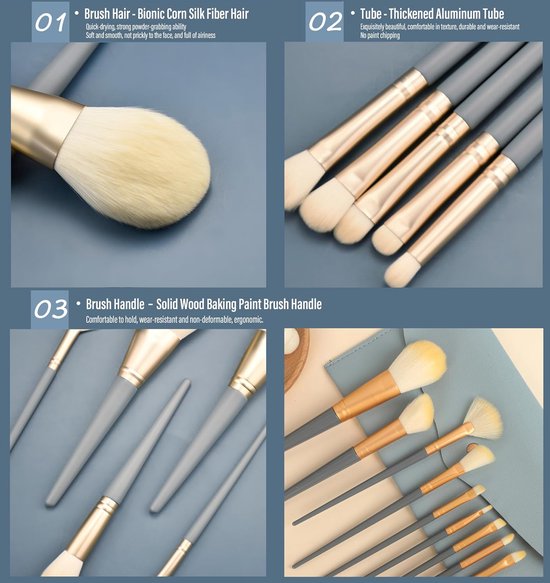 12 stuks make-up borstels sets met PU tas, 10 professionele make-up borstels met een Silionce Cleaning Opvouwbare boog & Silionce Lip Brush, gebruikt voor Blush, Foundation, Oogschaduw — afbeelding 2