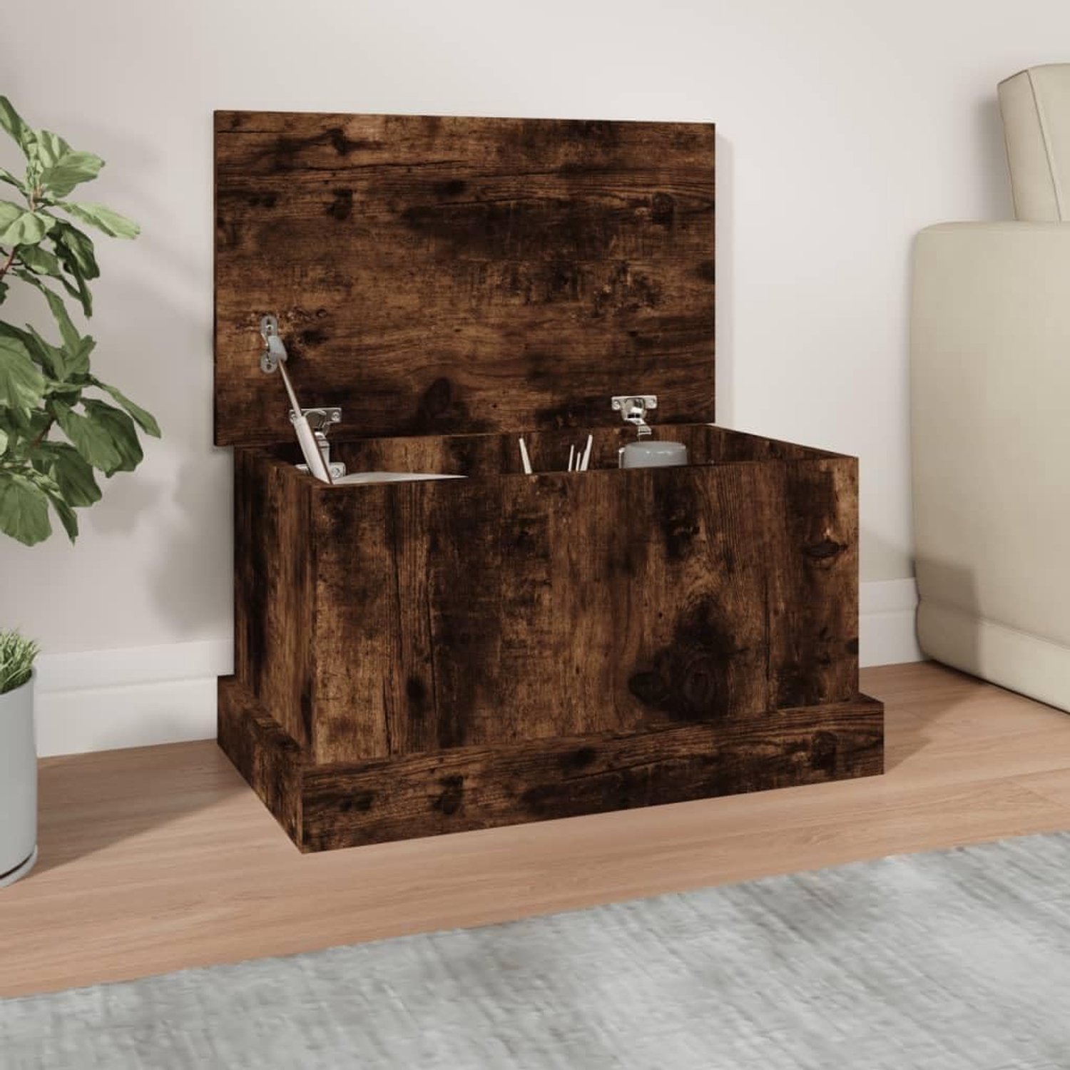 Kist rookeiken 50 x 30 x 28 cm, opbergdoos met deksel, opbergruimte voor woonkamer, houtmateriaal