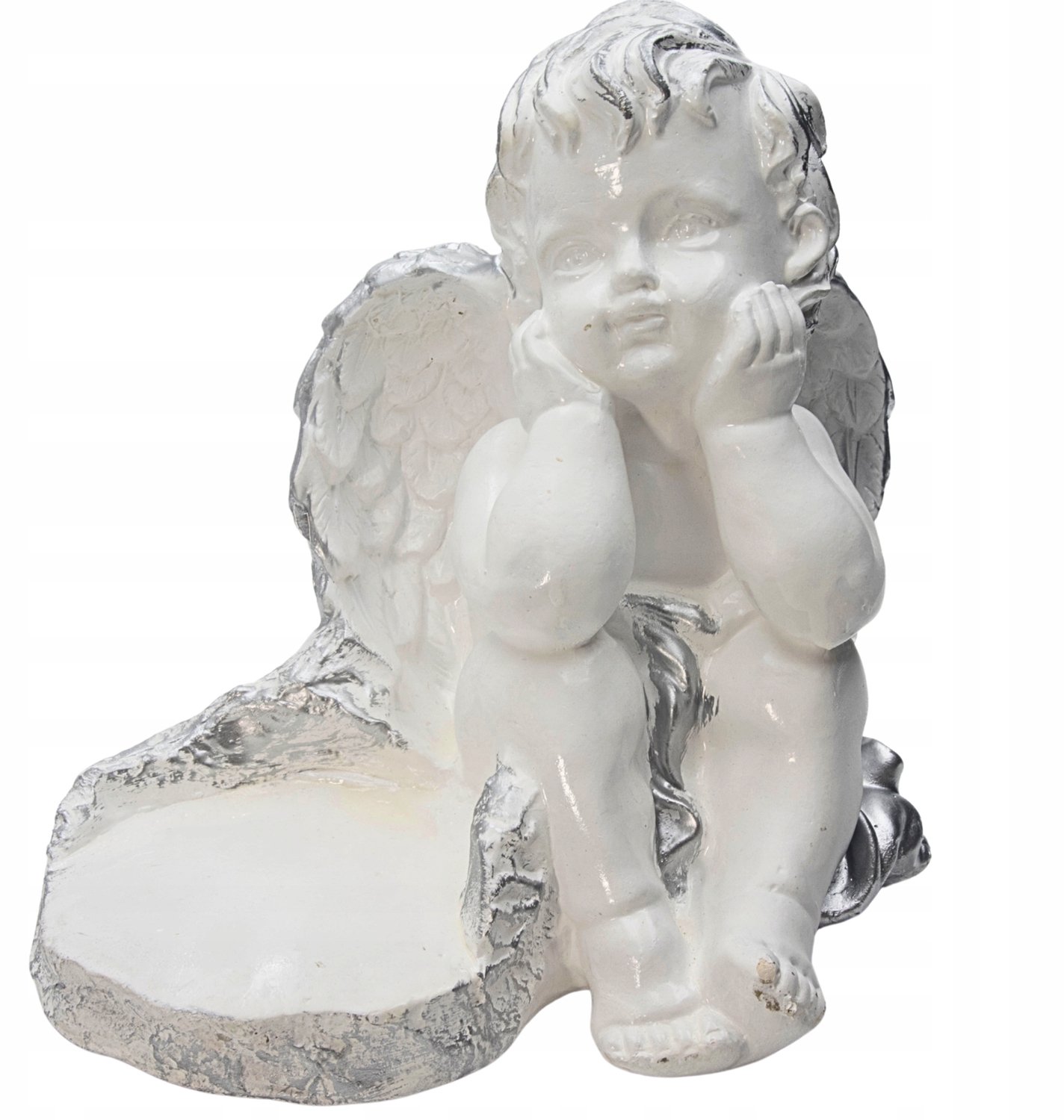 Gipsen Engel Grafdecoratie - Wit/Zilver, 22cm Hoog