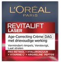 Verpakking van L'Oréal Revitalift Laser Age-Correcting Crème DAG met drievoudige werking. Bevat Pro-Retinol, Hyaluronzuur en Vitamine C+ Argireline Peptide.