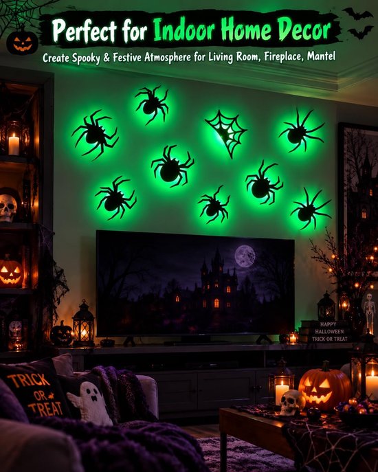 9 stuks groene ledlampen, 3D-spinnendecoratie, led-Halloween-decoratie, spinnenstickers met 9 verschillende maten, helloween decoraties, spinnen, ledverlichting, paars, voor ramen, deur, muur — afbeelding 2
