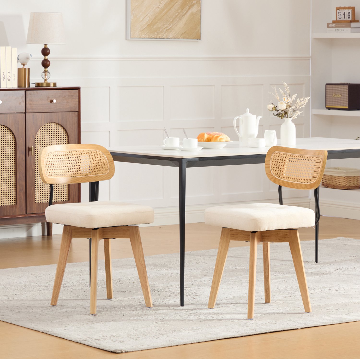 DESMIU Eetkamerstoel - Set Van 2 - 360 Graden Draaibaar Met Rotan Rugleuning - Voor Eetkamer En Slaapkamer - Chenille Beige