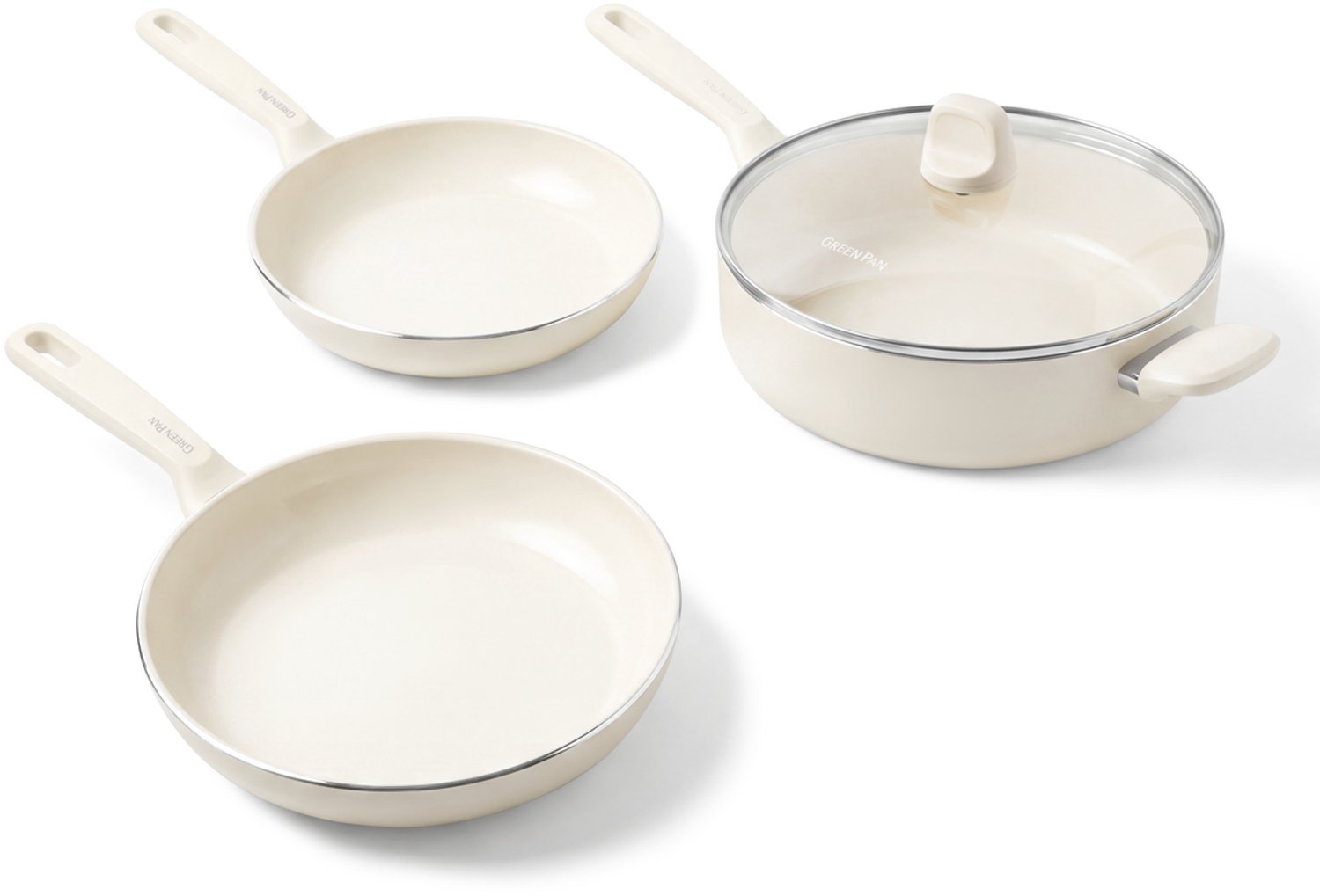 GreenPan Memphis Pannenset 3-delig - Koekenpan 24 cm + 28 cm + Hapjespan 28 cm met deksel - PFAS-vrije antiaanbaklaag - Pannenset inductie - Keramische pannen - Ovenbestendig tot 160°C - Stay-cool handgrepen - Crème