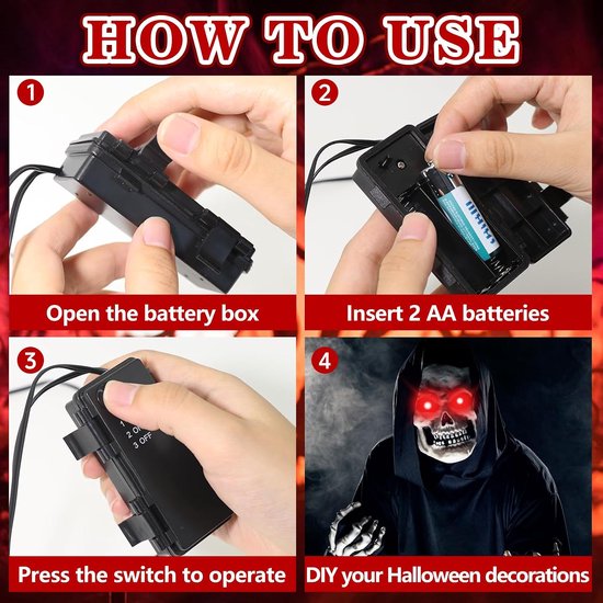 2 stuks Halloween oplichtende led-ogen, lichtgevende skeletogen met timer, led-skelet oog lichtketting, Halloween decoratief licht voor masker, doodskopen, pompoen, rekwisieten, cosplay (A) — afbeelding 3