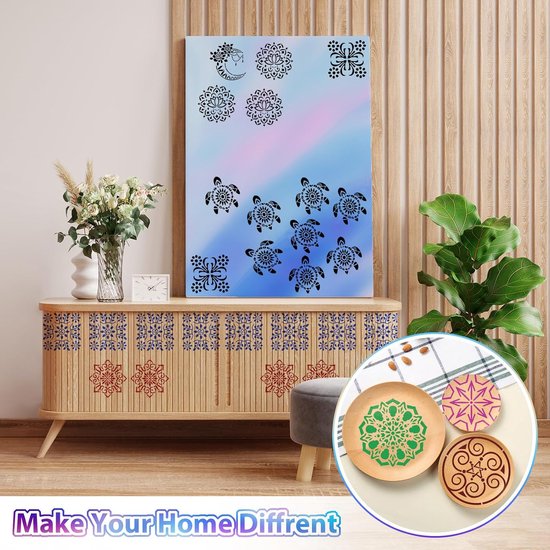 20 stuks 10 x 10 cm mandala-sjablonen voor schilderen op hout, vloer, muur, tegelstof, herbruikbare meubelsjablonen, schildersjabloon, mandala-sjabloon voor doe-het-zelf rotskunstprojecten, decoratie — afbeelding 3
