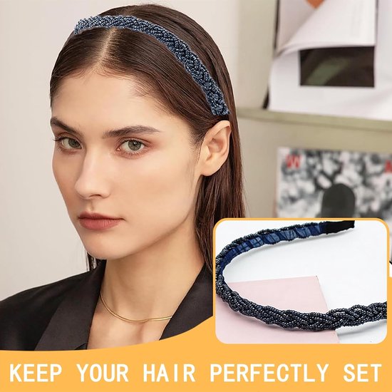3 stuks gevlochten haaraccessoires voor dames, gevlochten parelhoofdbanden, antislip haarbanden, geschikt voor dagelijks gebruik door meisjes (blauw, zwart, goud) — afbeelding 2