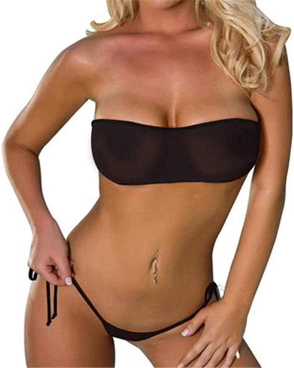 Bikini van transparante mesh, bandeau bovenstukje, Braziliaanse string, geschikt voor de zomer, op het strand, Zwart, one size