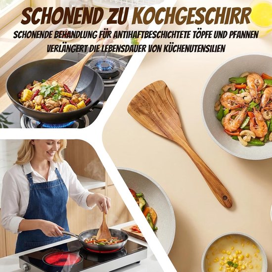 Spatel hout, set van 2 pannenspatels, olijfhout, kooklepel | Houten keukengerei, hittebestendig, antibacterieel, vaatwasmachinebestendig — afbeelding 3