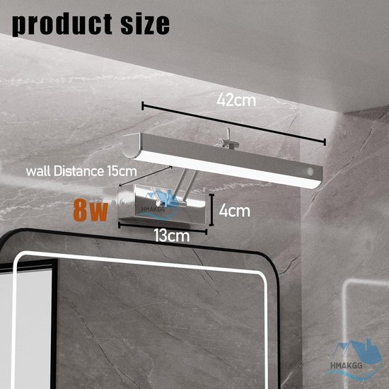 FREEDL LED-Spiegellamp Badkamer met Schakelaar, Badkamer Wandlamp met Bewegingssensor, 6000K Badkamerlamp Wand 240° Draaibaar, Waterdicht IP44 Make-uplicht voor Spiegelkasten en Spiegels, 42CM 8W — afbeelding 5