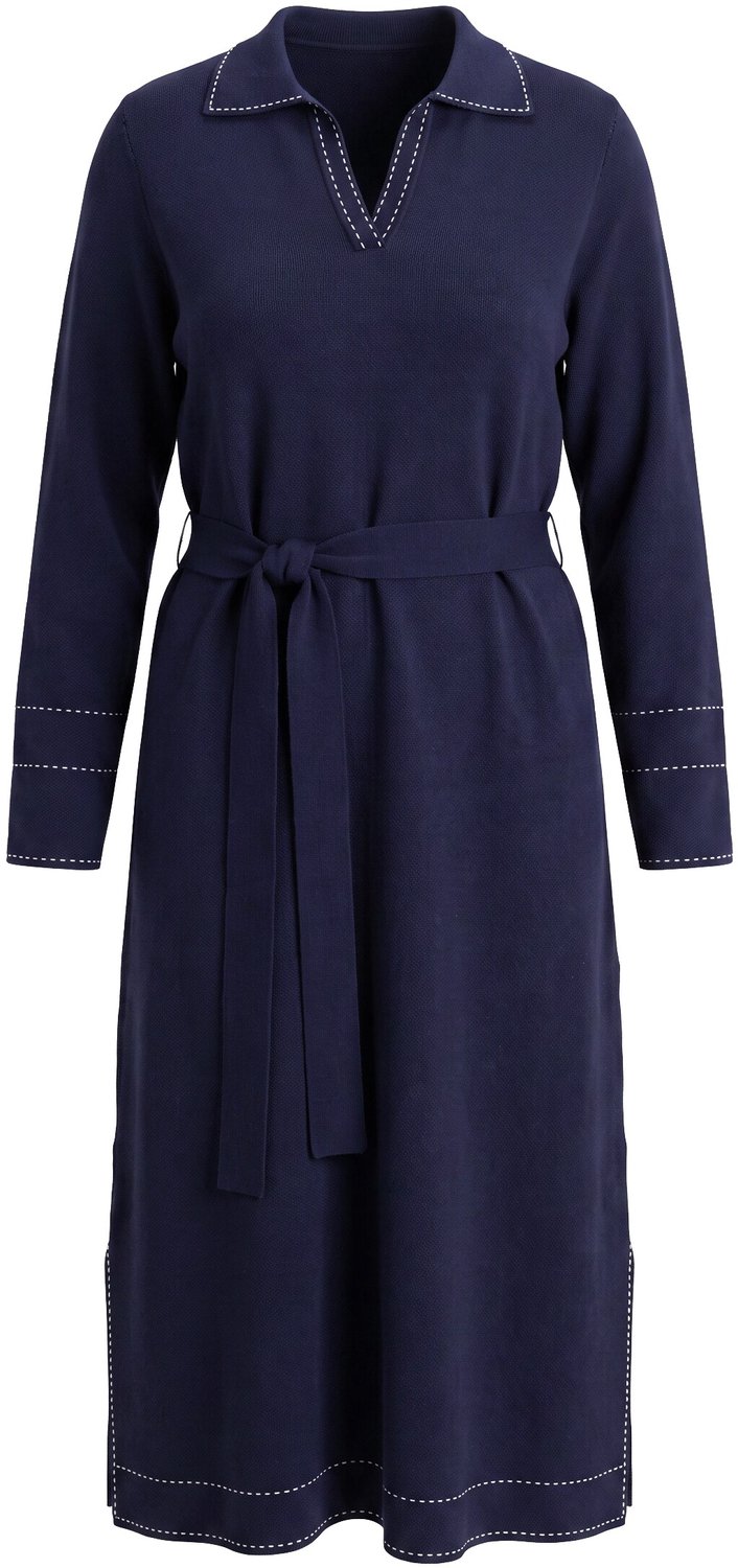 Ulla Popken - Dames - Gebreide maxi-jurk overhemdkraag V-hals lange mouwen - Marine - Maat 46+
