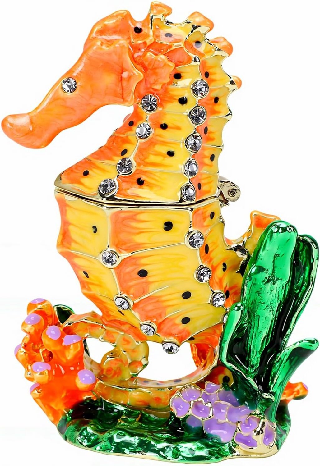 Brrnoo Emaille Zeepaardje Sieradendoosje, Handbeschilderd met Zeepaardje en Magneetsluiting, met -steentjes voor Ringen, Oorbellen en Kettingen, Oceaan decoratie. (YELLOW)