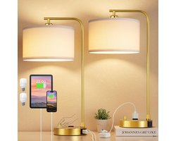 Innqoo Nachtkastlampen voor slaapkamer, set van 2 dimbare nachtkastlampen met USB-poort en stopcontact, moderne gouden lampen met linnen schaduw, hoge bureaulampen voor thuiskantoor, slaapkamer