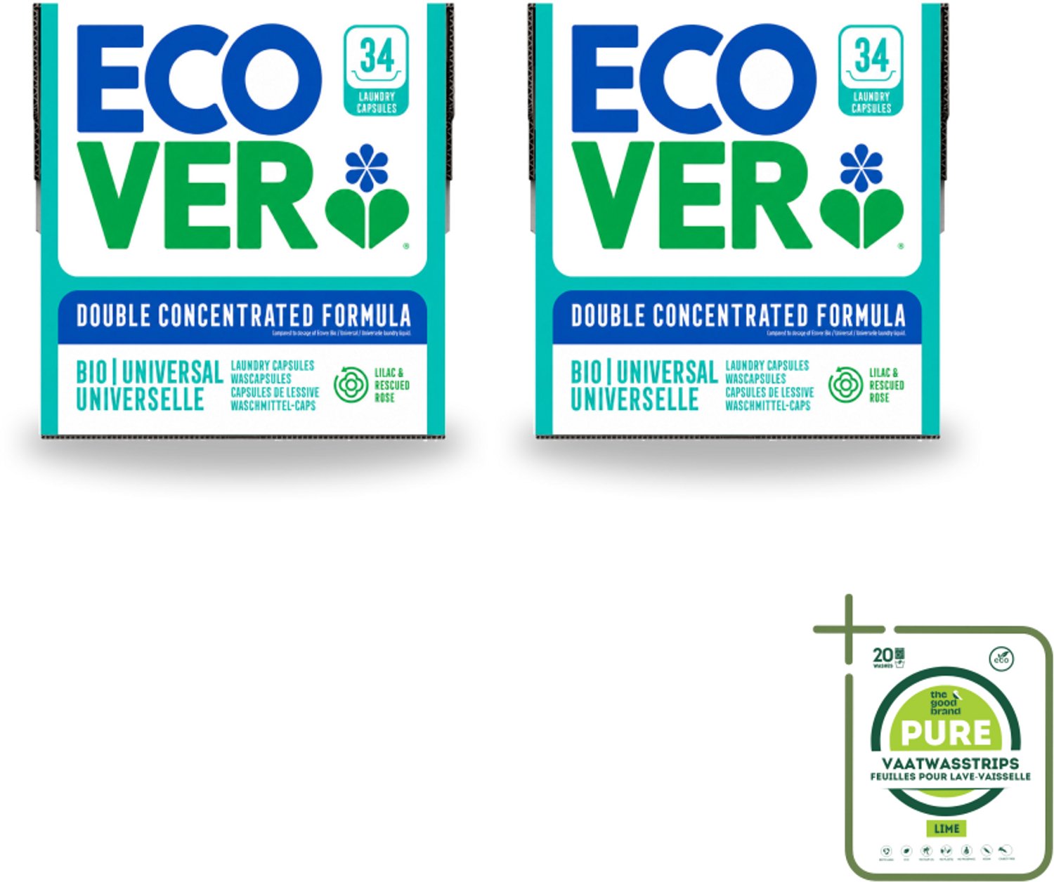 2 x Ecover - Waspods - Universeel - Geconcentreerde formule - 34 wasbeurten - Grootverpakking - Vaatwasstrips - Wasbeurt - Wasmachine - Waskracht - Duurzaam Wasmateriaal - Natuurlijke Ingrediënten