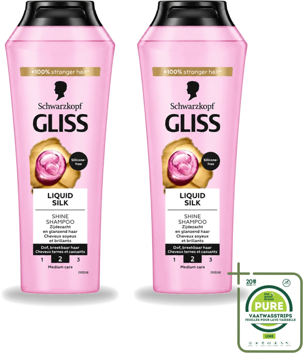 2 x Gliss - Shampoo - Liquid Silk - Voor Glanzend en Zijdezacht Haar - 250 ml - Grootverpakking - Vaatwasstrips - Glans Haar - Zijdezacht Haar - Glanzend Haar - Siliconenvrije Shampoo - Natuurlijke Shampoo