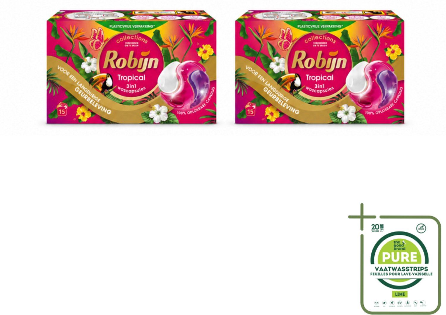 2 x Robijn - 3-in-1 Tropical - Wascapsules - 15 Wasbeurten - Grootverpakking - Vaatwasstrips - Tropische Geur - Wascapsules - Kleurbehoud - Wasverzachter - Biologisch Afbreekbaar