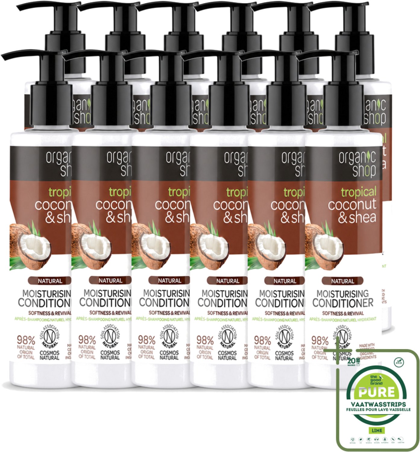 12 x Organic Shop - Coconut & Shea Conditioner - Verzorgend en Voedend - 280 ml - Grootverpakking - Vaatwasstrips - Haarverzorging - Natuurlijke Conditioner - Kokosolie - Shea - Hydratatie