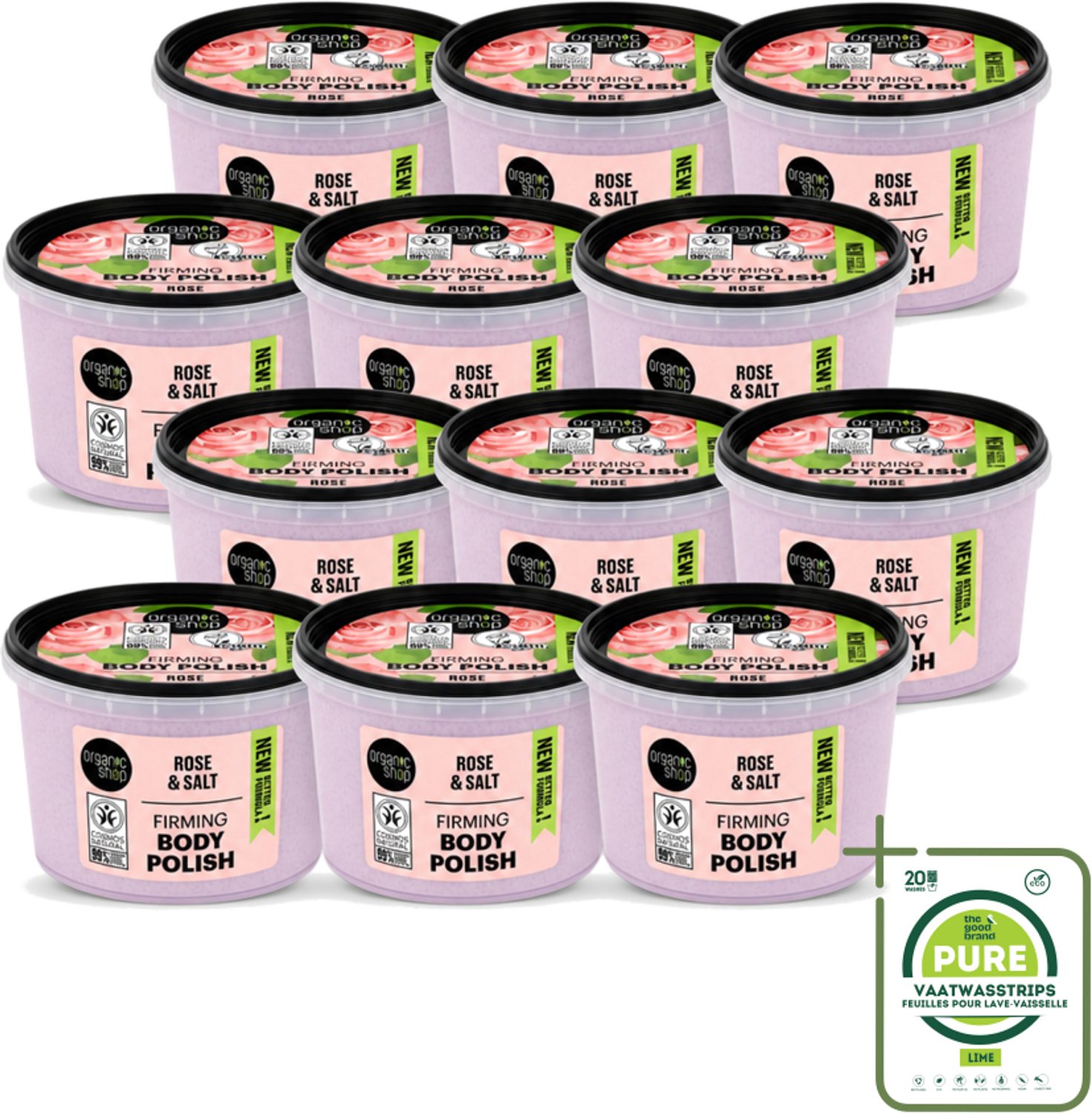 12 x Organic Shop - Body Scrub Rose - Hydraterend en Verzorgend - 250 ml - Grootverpakking - Vaatwasstrips - Bodyscrub - Huidverzorging - Exfoliëren - Amandelolie - Rietsuiker