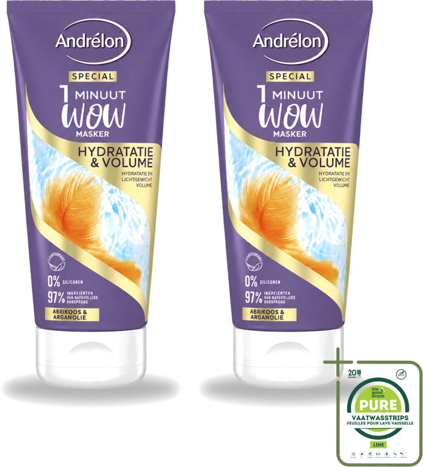 2 x Andrélon - WOW - 1 Minuut Masker - Hydratatie & Volume - 180 ml - Grootverpakking - Vaatwasstrips - 1 Minuut Masker - Hydratatie Haar - Volume Haar - Fijn Haar Verzorging - Luchtig Haar